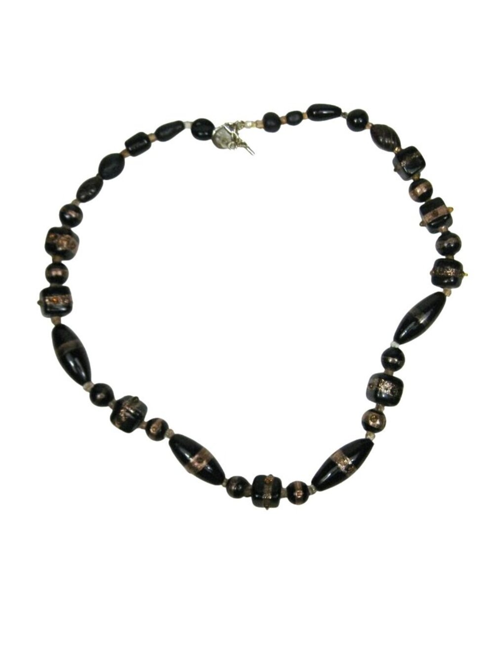 Vintage Black Copper Gold Glass Beaded Necklace Clasp Boho Statement 18 in Colla
